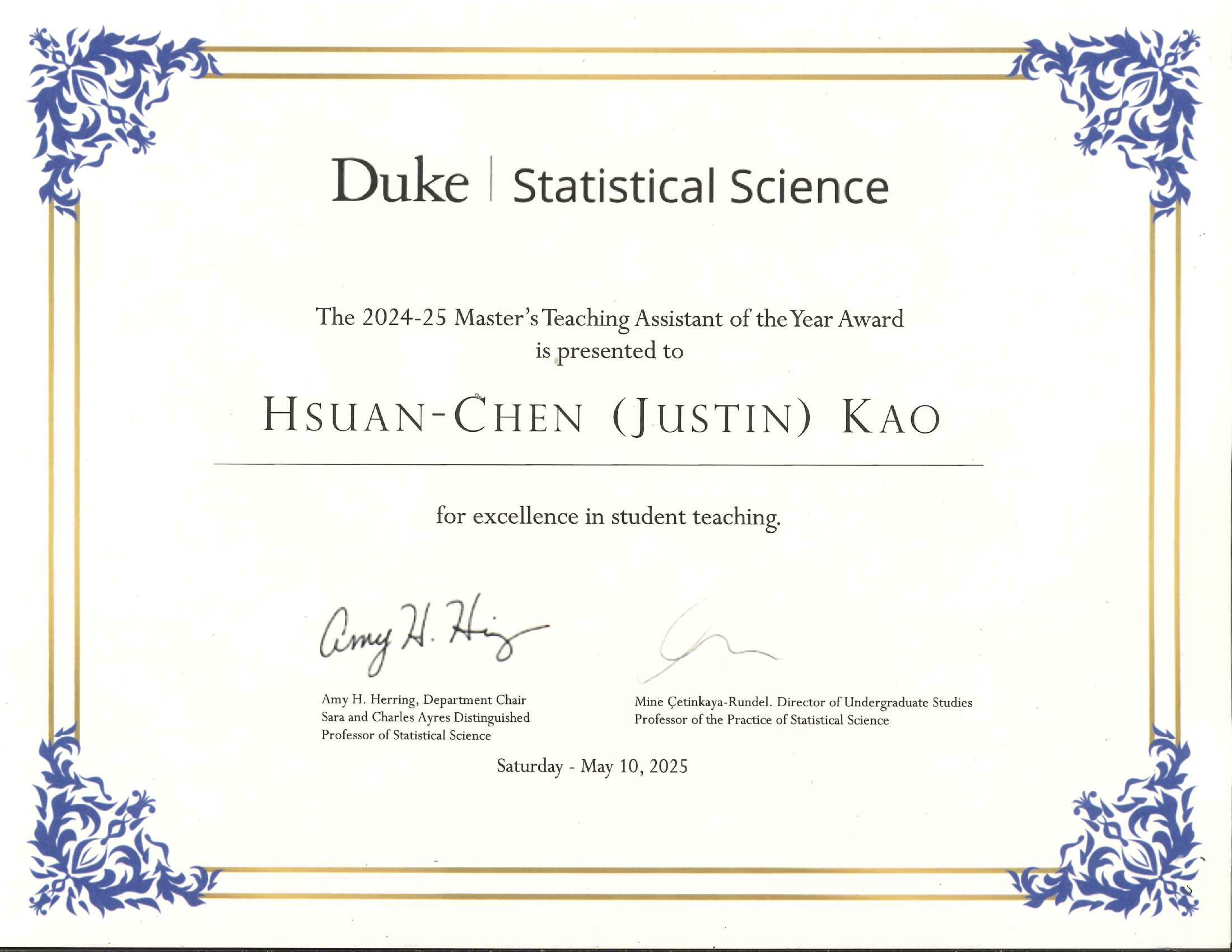 Master’s Teaching Assistant of the Year Award